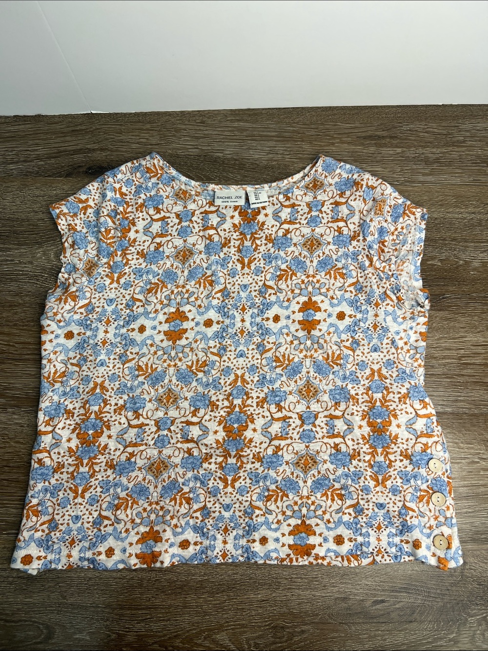 Rachel Zoe 100% Linen Floral Print Top Size Large Boho Button Detail Blouse